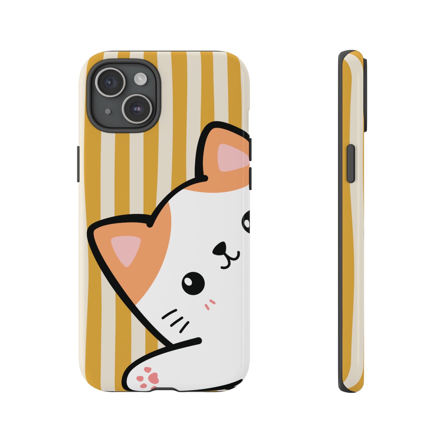 iPhone 15 Plus / Glossy Phone Case - Peakaboo Cat with Yellow Stripe Pattern Phone Case