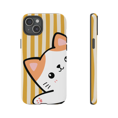 iPhone 15 Plus / Glossy Phone Case - Peakaboo Cat with Yellow Stripe Pattern Phone Case