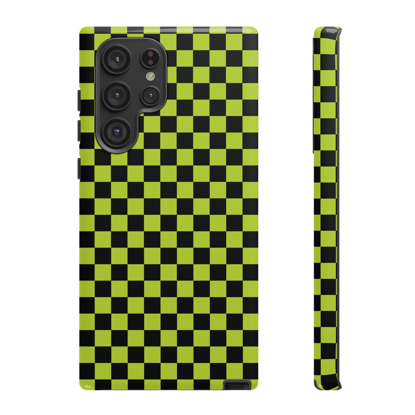 Samsung Galaxy S22 Ultra / Glossy Phone Case - Trendy Neon Lime Green & Plum Small Checked Pattern Phone Case