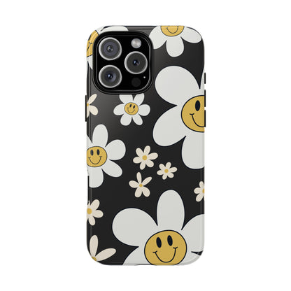 iPhone 16 Pro Max / Glossy Phone Case - Fun Retro Daisy Pattern with Dark Grey Background Phone Case