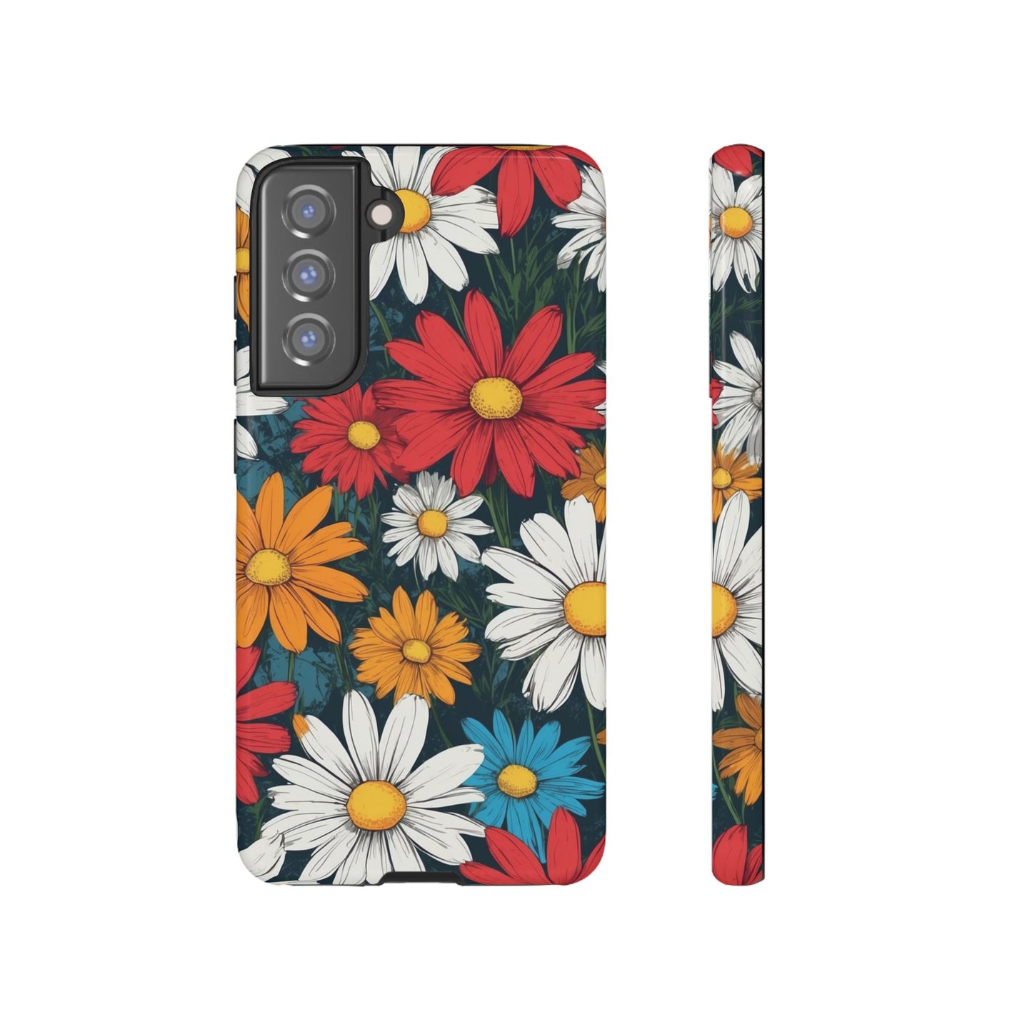 Samsung Galaxy S21 FE / Glossy Phone Case - Pop Art Daisies Illustration ’Red & Orange’ Phone Case