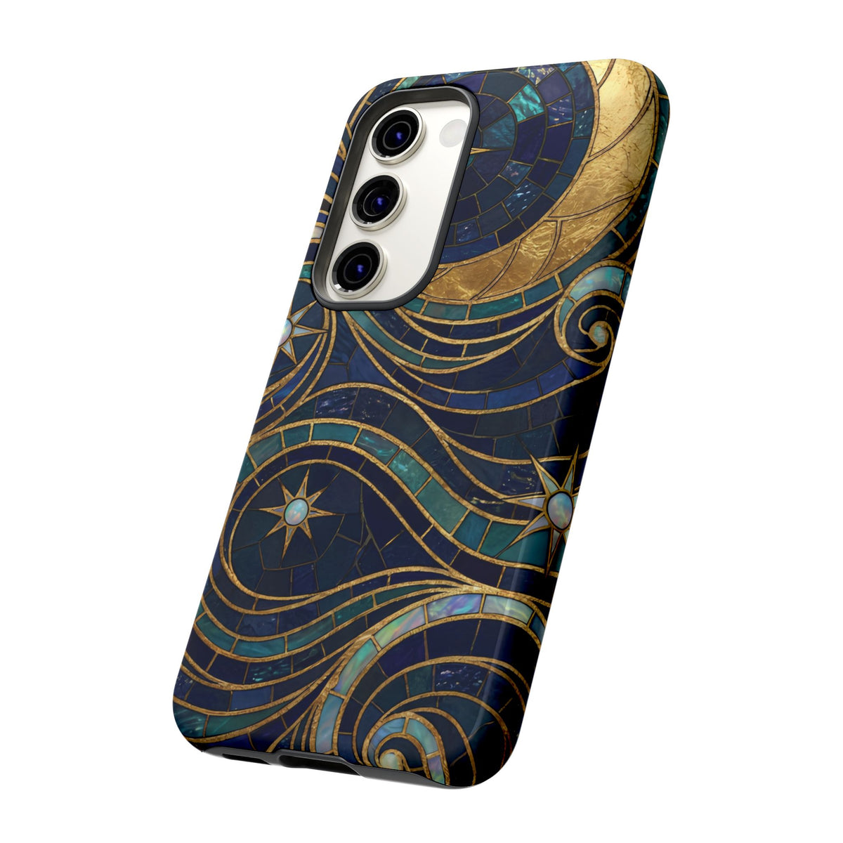 Elegant Navy & Gold Crescent Moon Mosaic Phone Case