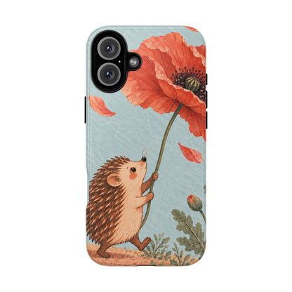 Whimsical Pale Blue Hedgehog and Poppy Phone Case - Blue Phone Case - iPhone 16 Plus / Glossy