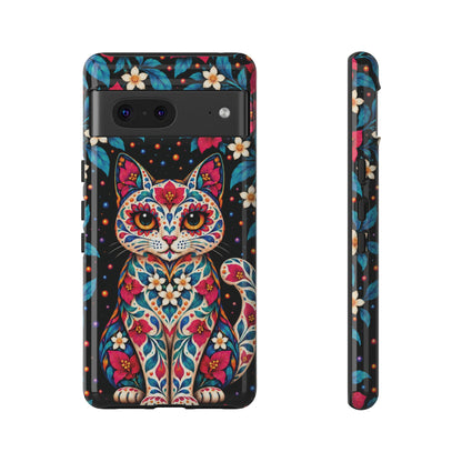 Vibrant Pink and Turquoise Calavera Cat Phone Case - Multicolor Phone Case - Google Pixel 7 / Glossy