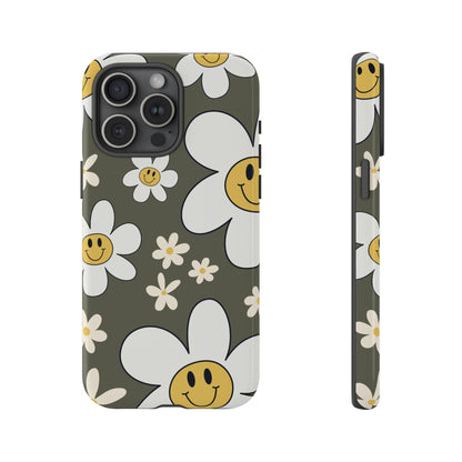 iPhone 15 Pro Max / Glossy Phone Case - Fun Retro Daisy Pattern with Olive Green Background Phone Case