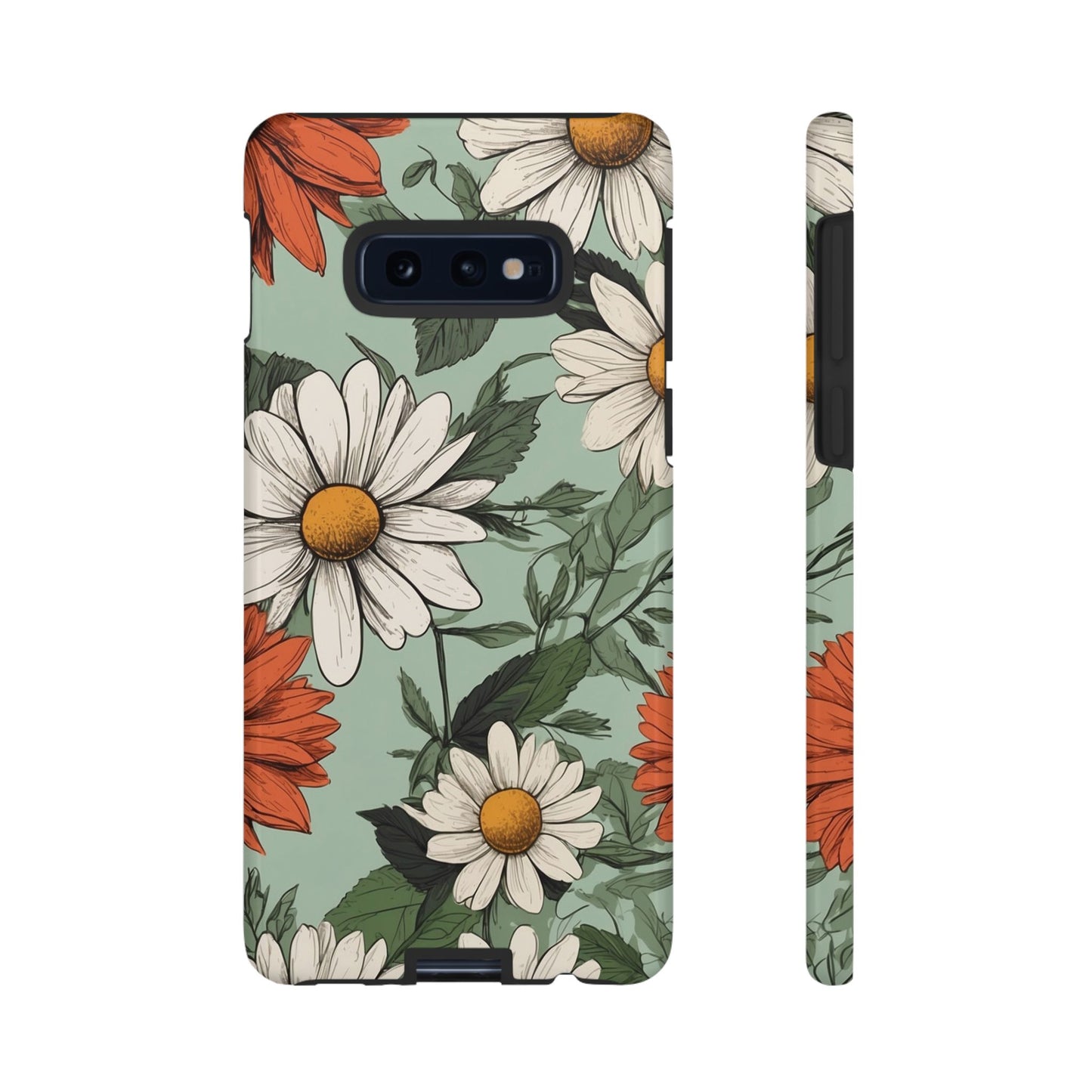 Samsung Galaxy S10E / Glossy Phone Case - Boho Chic Daisies Floral Pattern ’White & Orange’ Phone Case
