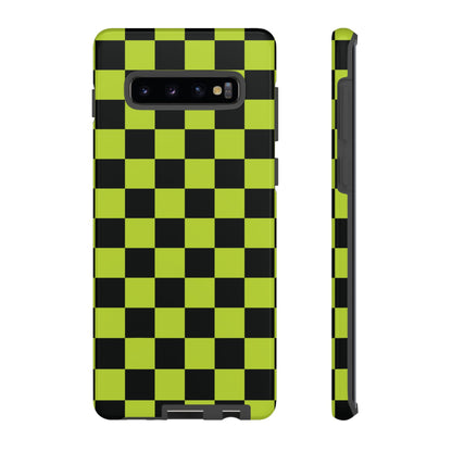 Samsung Galaxy S10 Plus / Glossy Phone Case - Trendy Neon Lime Green & Black Checked Pattern Phone Case