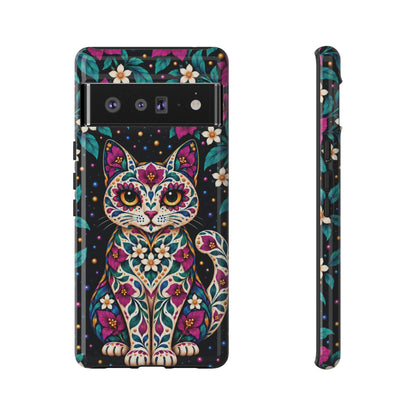 Vibrant Purple and Teal Calavera Cat Phone Case - Multicolor Phone Case - Google Pixel 6 Pro / Glossy