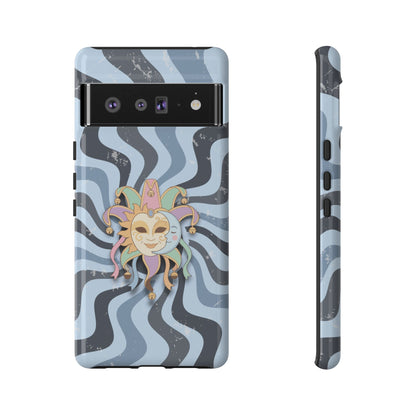 Google Pixel 6 Pro / Glossy Phone Case - Sun & Moon Jester Mask – Blue Retro Wave Phone Case