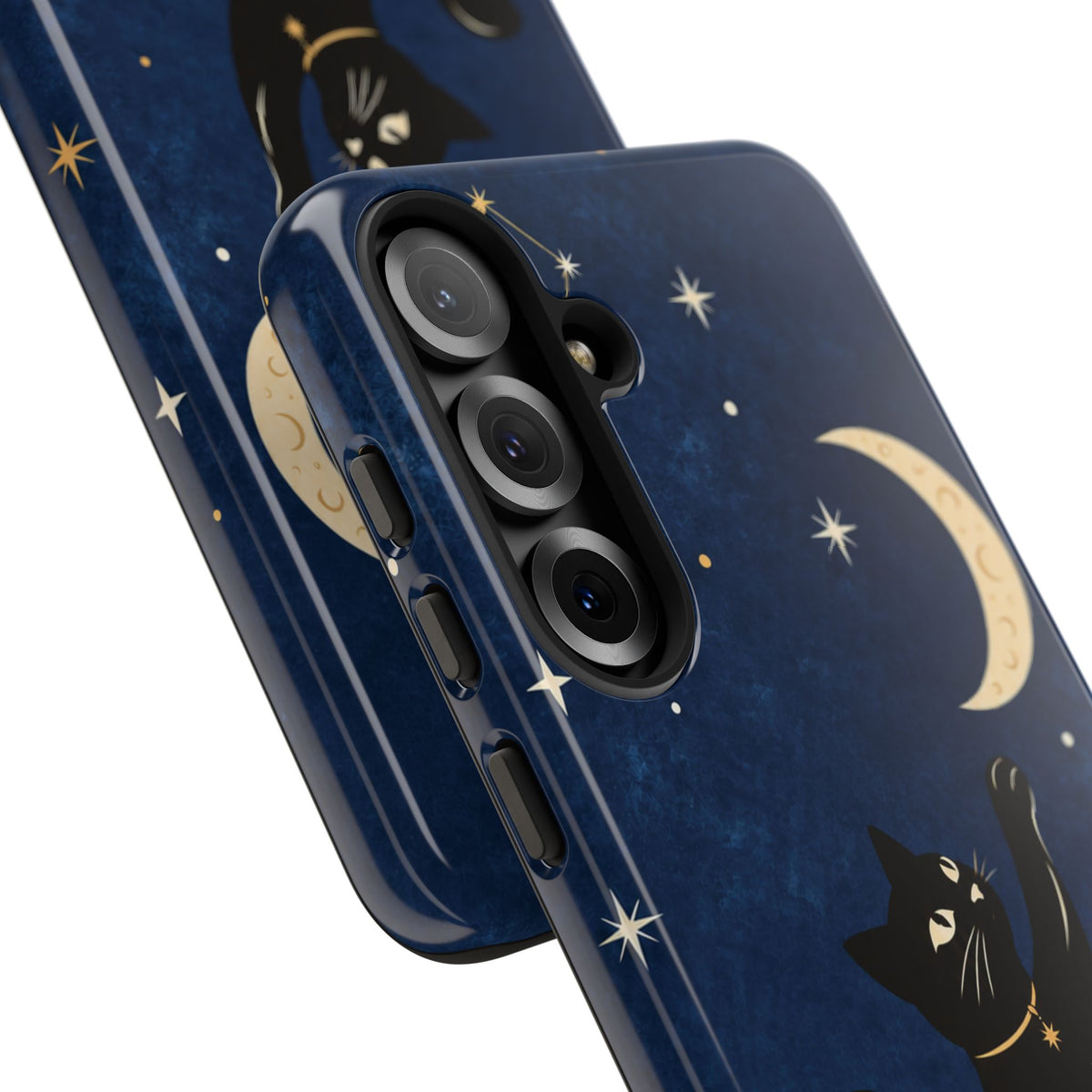Whimsical Navy Blue Celestial Black Cat Phone Case
