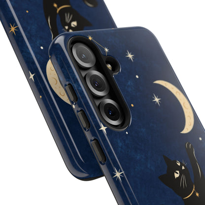 Whimsical Navy Blue Celestial Black Cat Phone Case