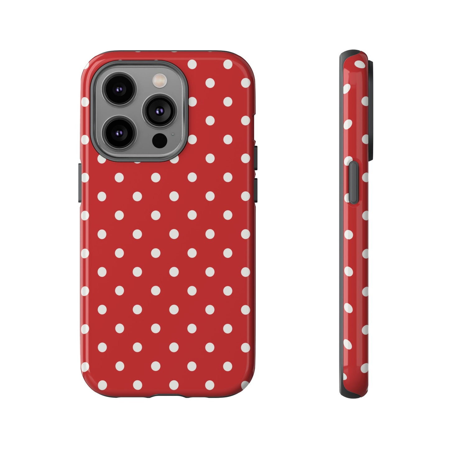 iPhone 14 Pro / Glossy Phone Case - Red with White Dot Pattern Phone Case