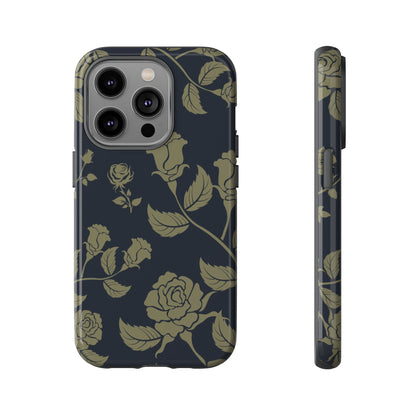 iPhone 14 Pro / Glossy Phone Case - ’Blue & Olive Rose Pattern’ Phone Case