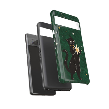 Forest Green Celestial Black Cat Phone Case - Green Phone Case