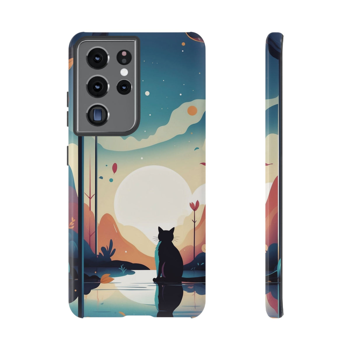 Stylised Cat & Moon Design Phone Case - Multicolor Phone Case - Samsung Galaxy S21 Ultra / Glossy