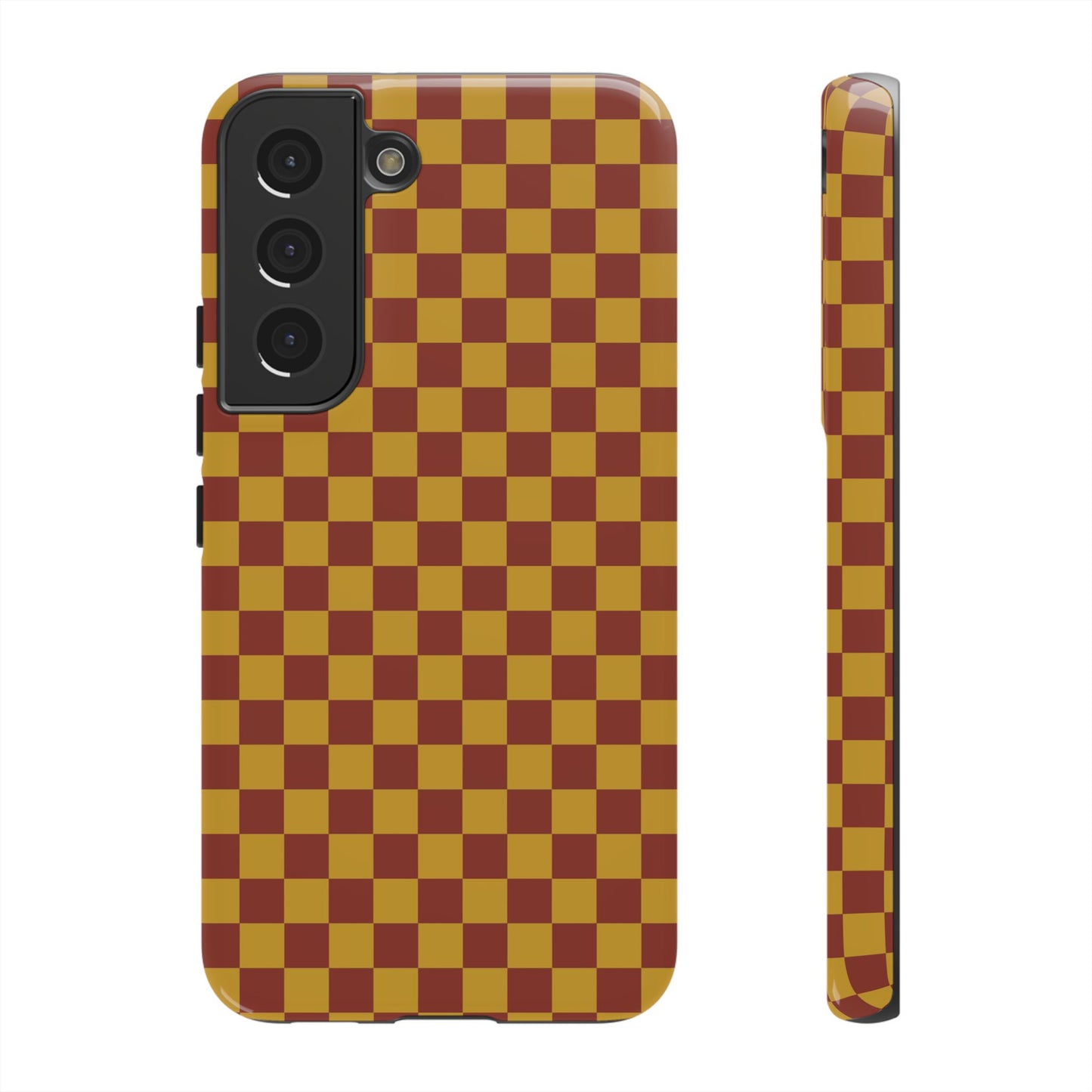 Samsung Galaxy S22 / Glossy Phone Case - Trendy Mustard & Burgandy Small Checked Pattern Phone Case