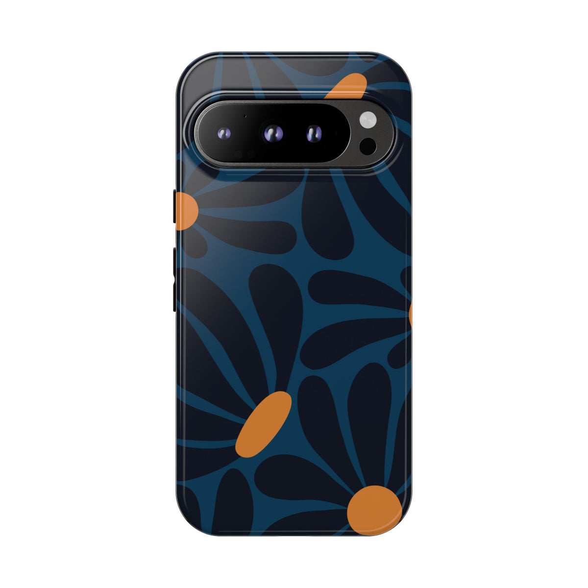 Dark Blue & Orange Daisy Pattern Phone Case - Blue Phone Case - Google Pixel 9 Pro / Glossy