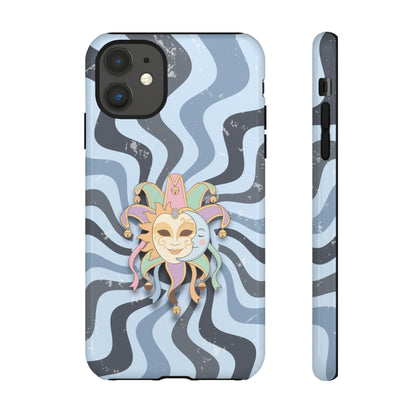 iPhone 11 / Glossy Phone Case - Sun & Moon Jester Mask – Blue Retro Wave Phone Case