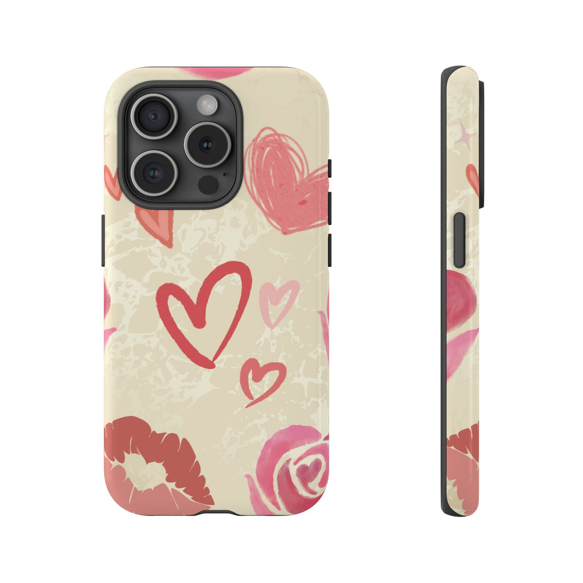 Cute Pink Heart & Rose Pattern Phone Case - Pink Phone Case - iPhone 15 Pro / Glossy