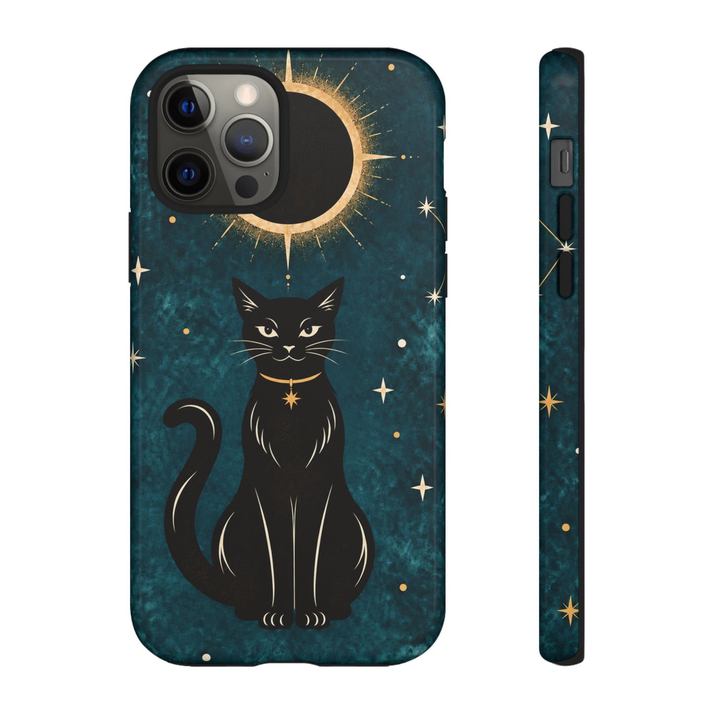Whimsical Teal Celestial Black Cat Phone Case