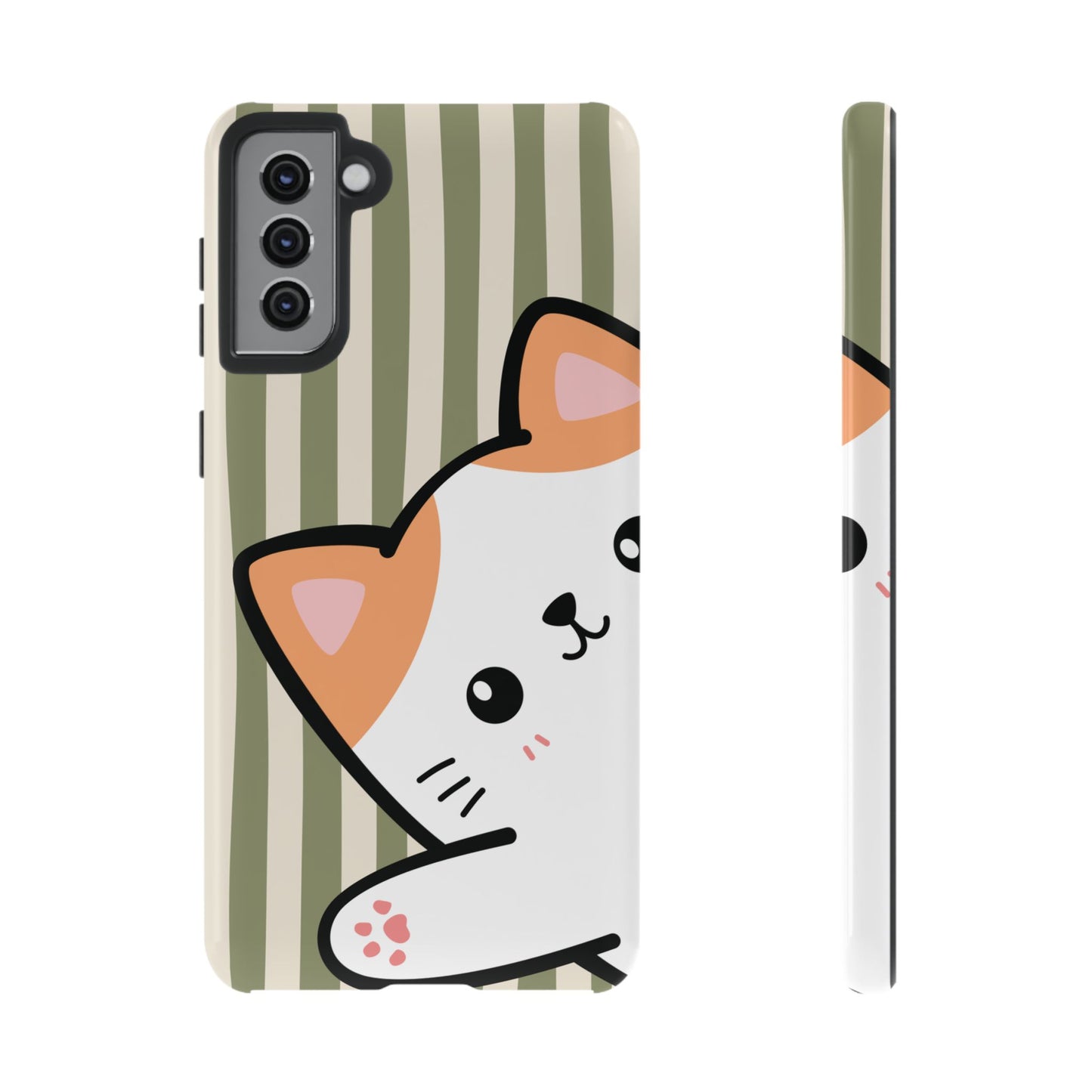 Samsung Galaxy S21 Plus / Glossy Phone Case - Peakaboo Cat with Green Stripe Pattern Phone Case
