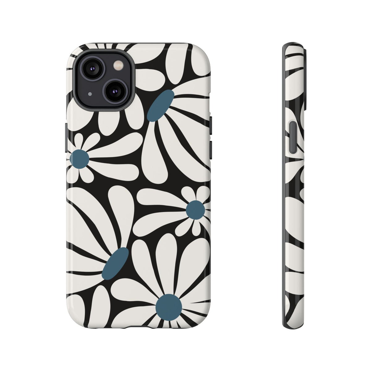 Retro Black Daisy Pattern Phone Case - Black Phone Case - iPhone 14 Plus / Glossy