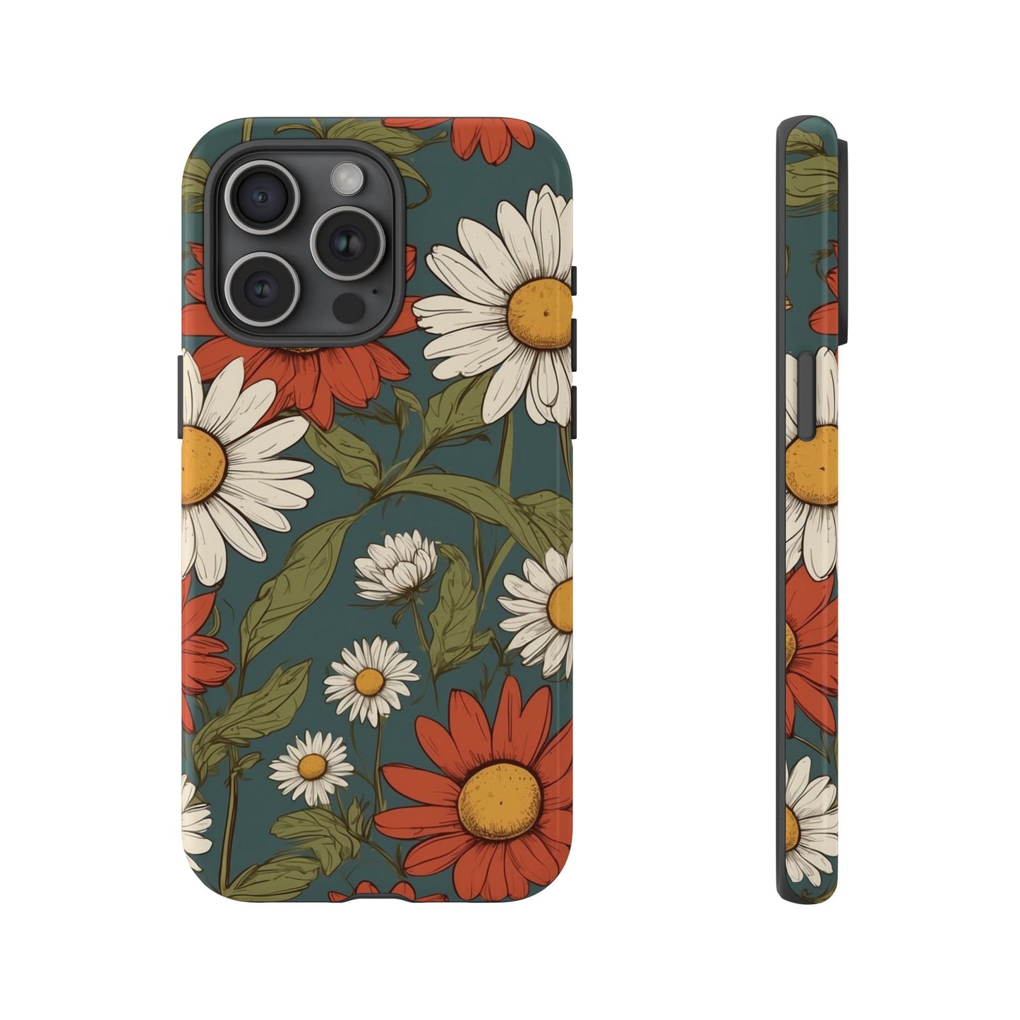 iPhone 15 Pro Max / Glossy Phone Case - Boho Chic Daisies Floral Pattern ’White & Red’ Phone Case