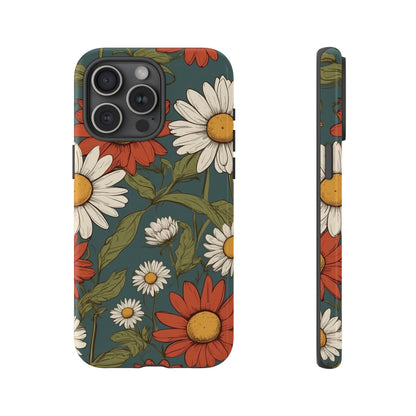 iPhone 15 Pro Max / Glossy Phone Case - Boho Chic Daisies Floral Pattern ’White & Red’ Phone Case
