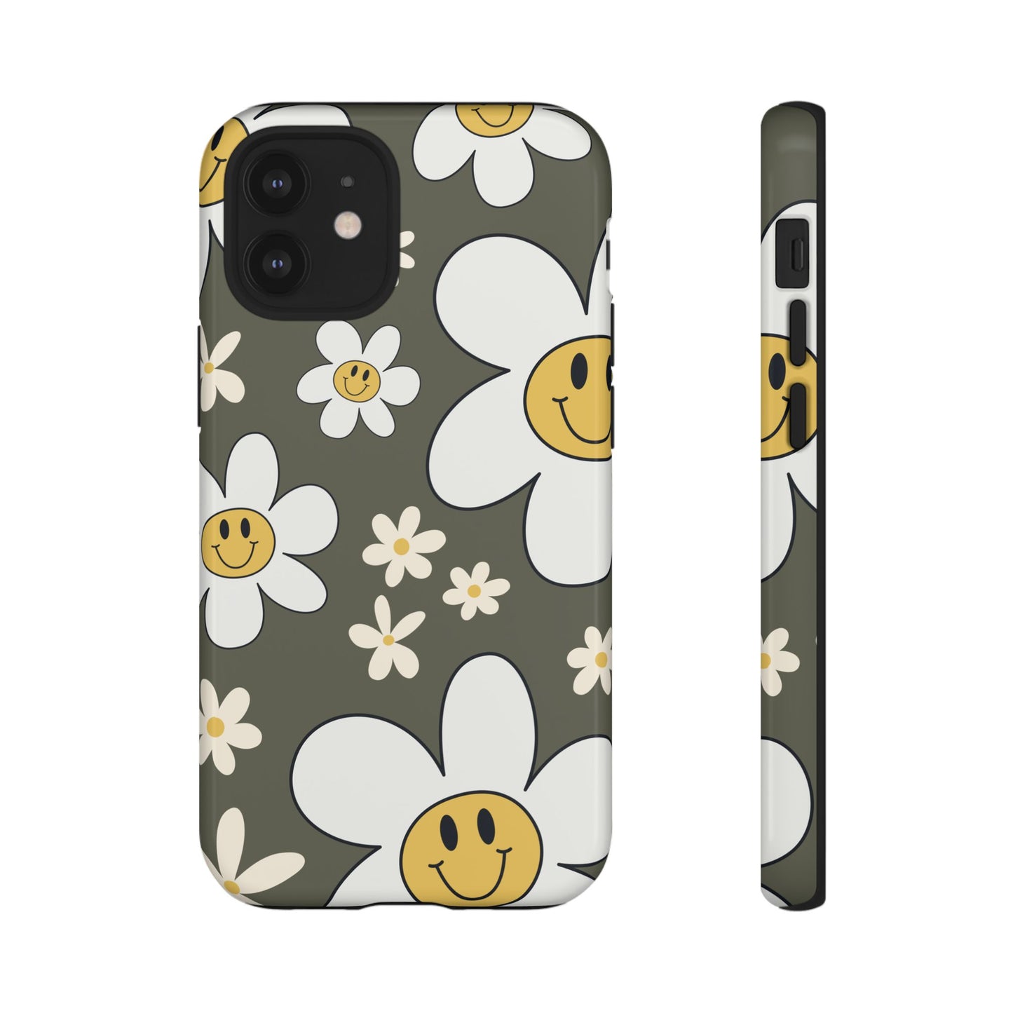 iPhone 12 Mini / Glossy Phone Case - Fun Retro Daisy Pattern with Olive Green Background Phone Case