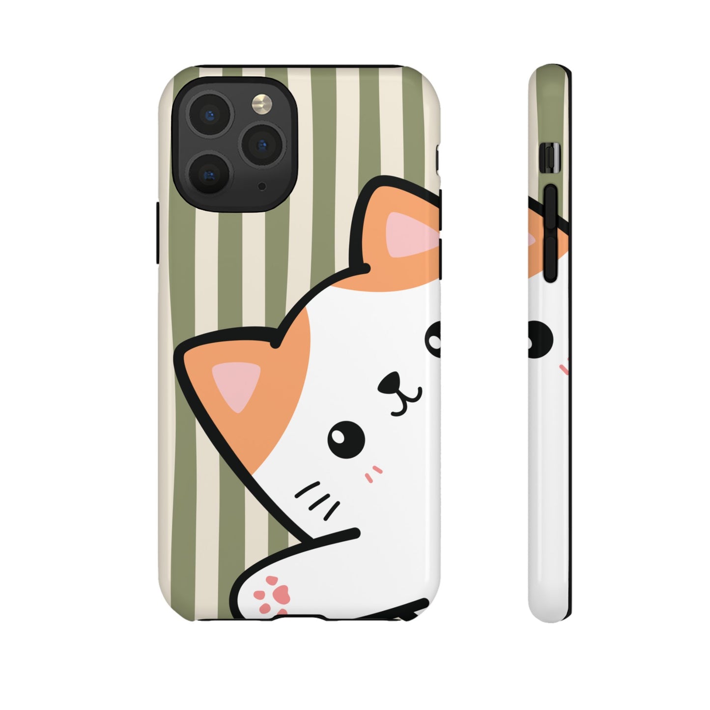 iPhone 11 Pro / Glossy Phone Case - Peakaboo Cat with Green Stripe Pattern Phone Case
