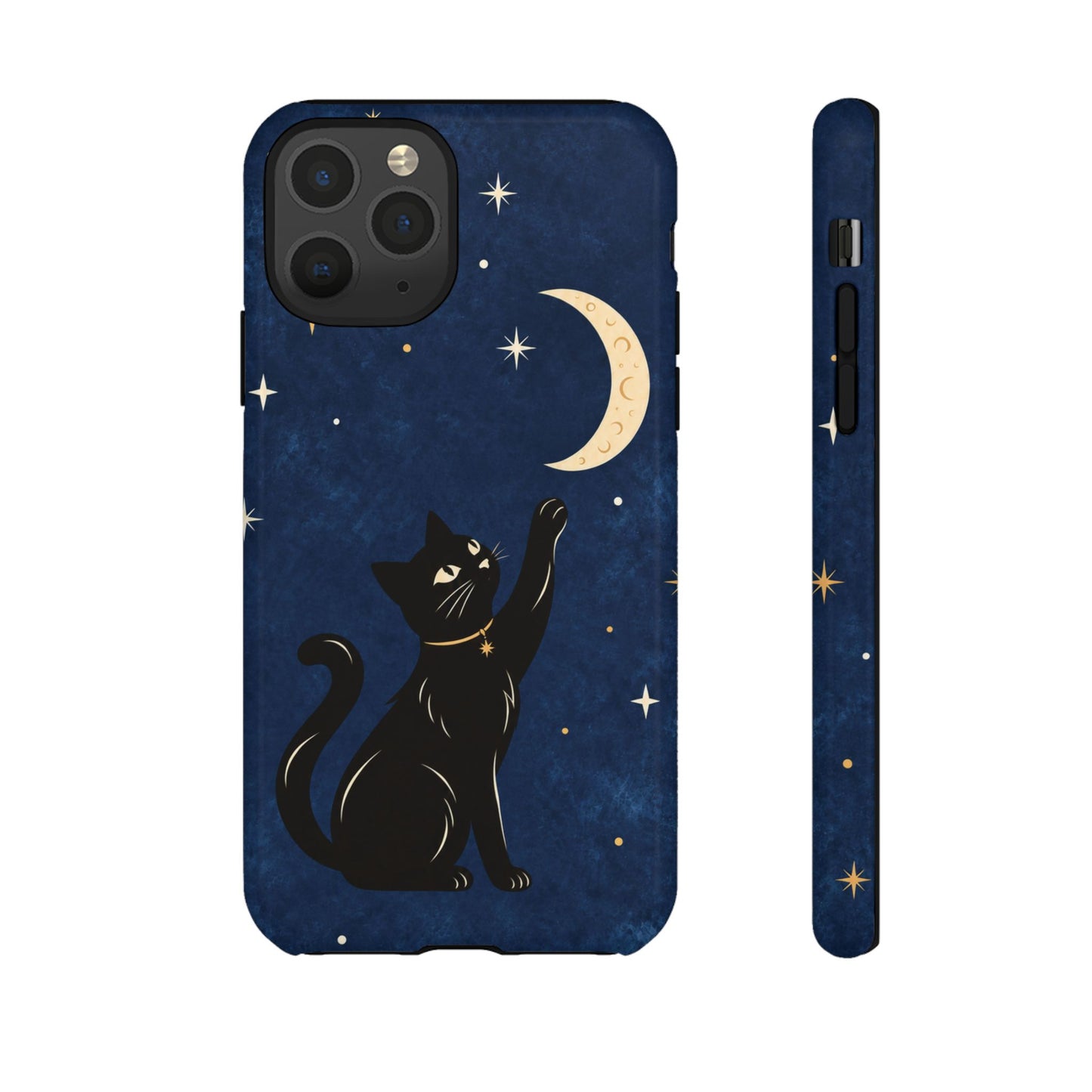 Whimsical Navy Blue Celestial Black Cat Phone Case