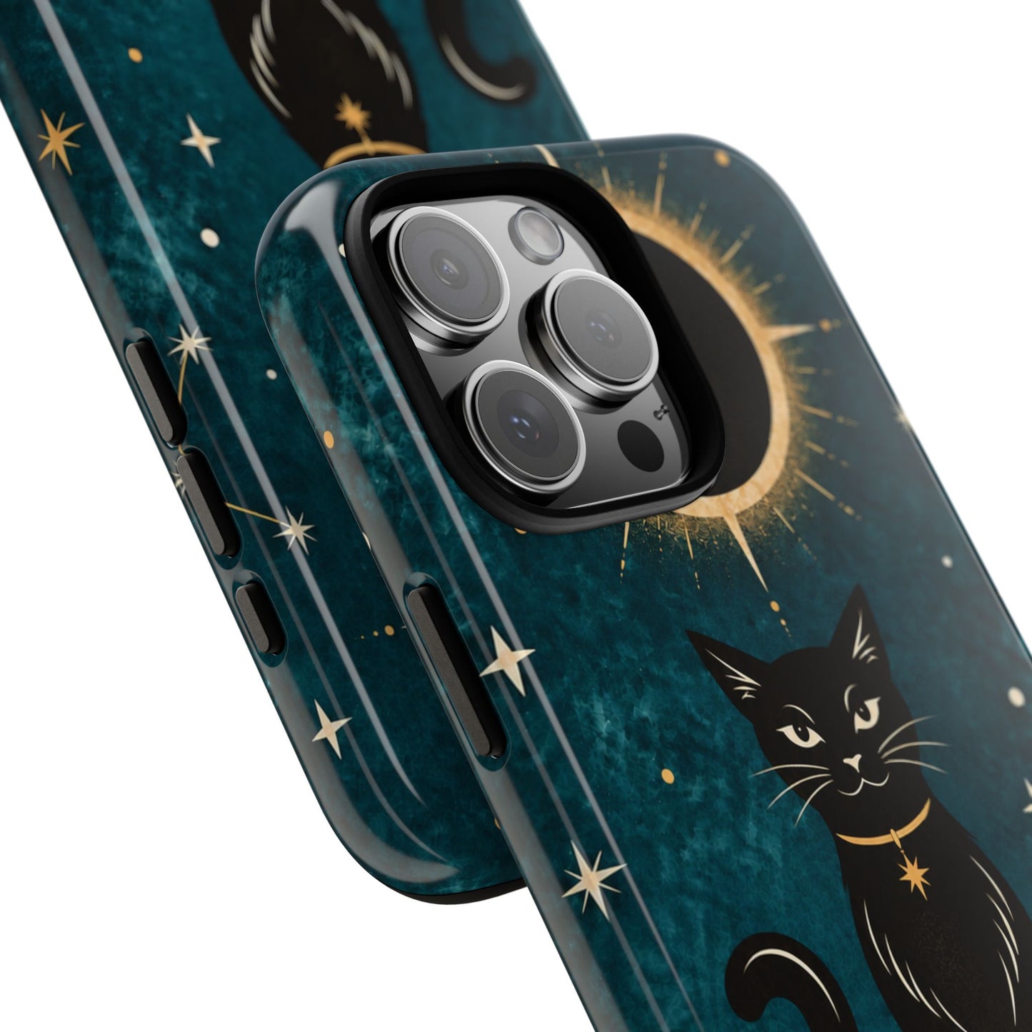 Whimsical Teal Celestial Black Cat Phone Case
