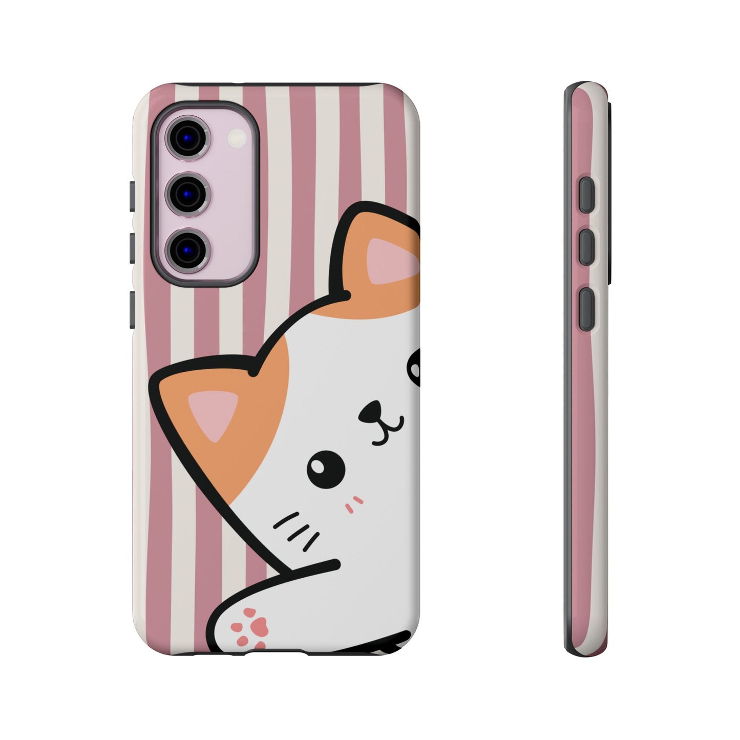 Playful Peakaboo Cat with Pink Stripe Pattern Phone Case - Pink Phone Case - Samsung Galaxy S23 Plus / Glossy
