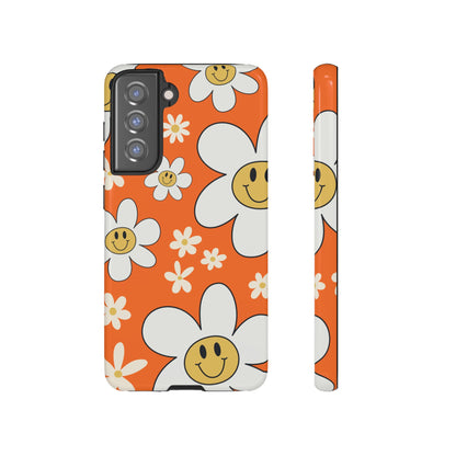 Fun Retro Daisy Pattern with Orange Background Phone Case - Orange Phone Case - Samsung Galaxy S21 FE / Glossy