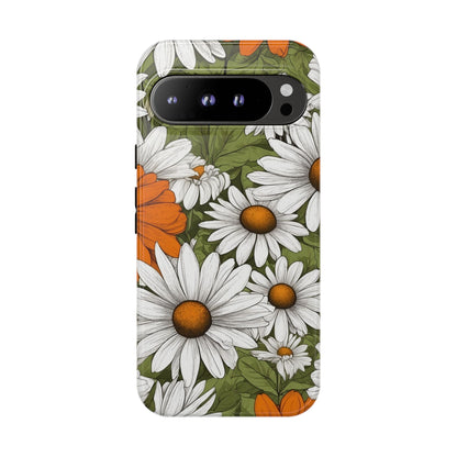 Google Pixel 9 Pro XL / Glossy Phone Case - Boho Chic Daisies Floral Pattern ’White Orange & Green’ Phone Case
