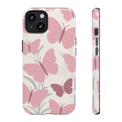 iPhone 13 / Glossy Phone Case - Minimalist Cream & Pink Butterfly Pattern Phone Case