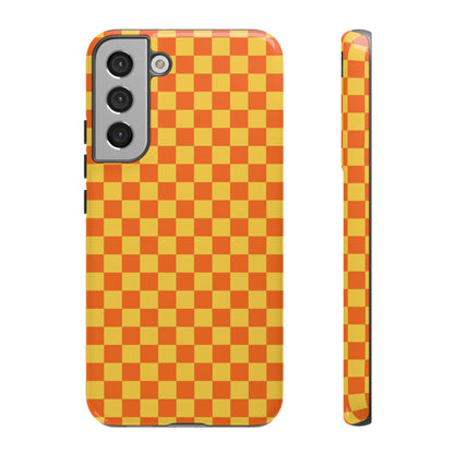 Samsung Galaxy S22 Plus / Glossy Phone Case - Trendy Orange & Yellow Small Checked Pattern Phone Case