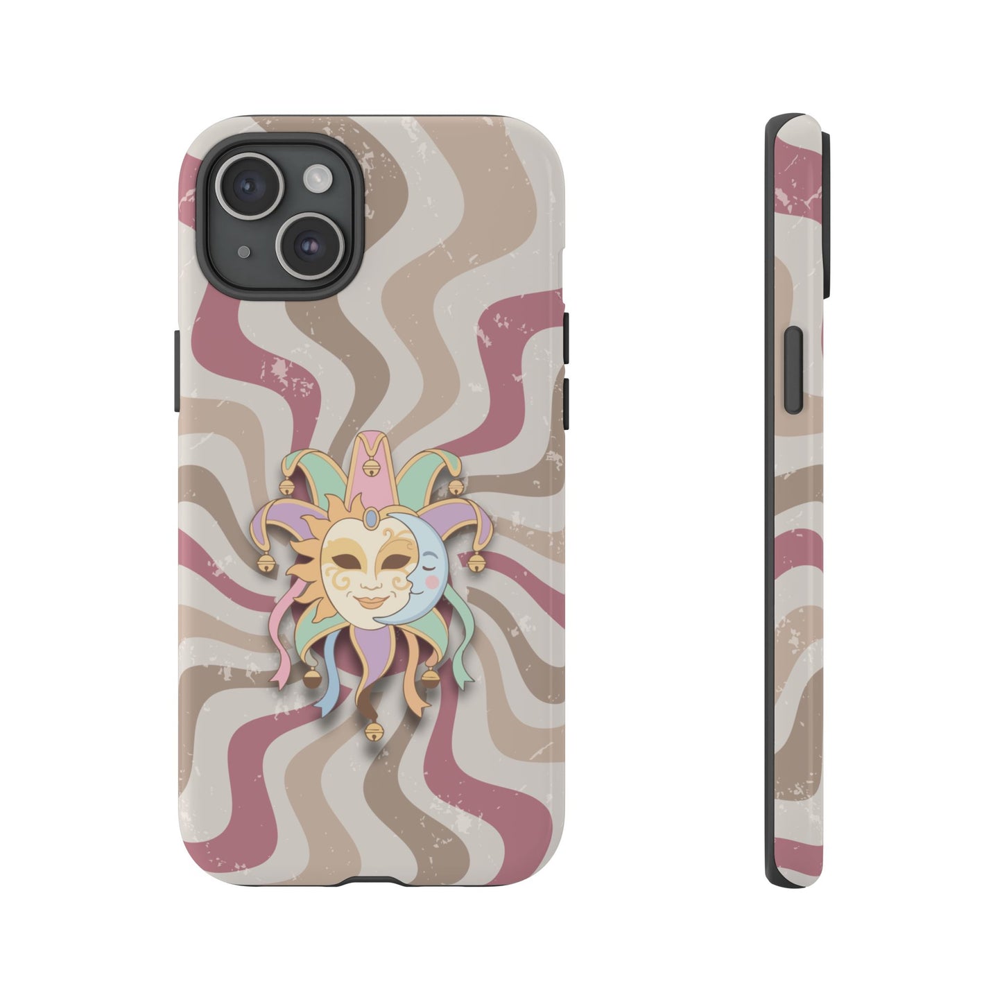 Sun & Moon Jester Mask – Pink Retro Wave Phone Case - Pink Phone Case - iPhone 15 Plus / Glossy