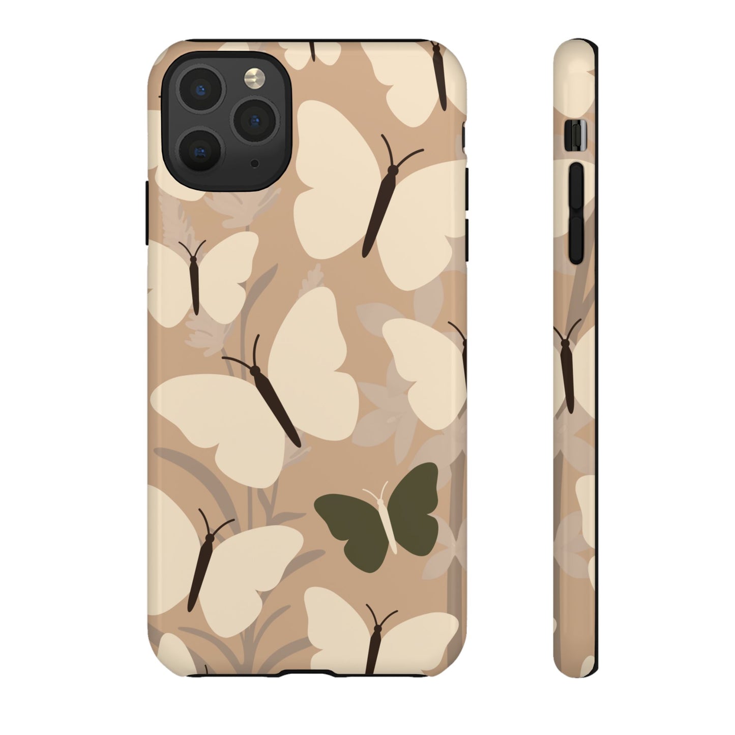 iPhone 11 Pro Max / Glossy Phone Case - Minimalist Beige Butterfly Pattern Phone Case