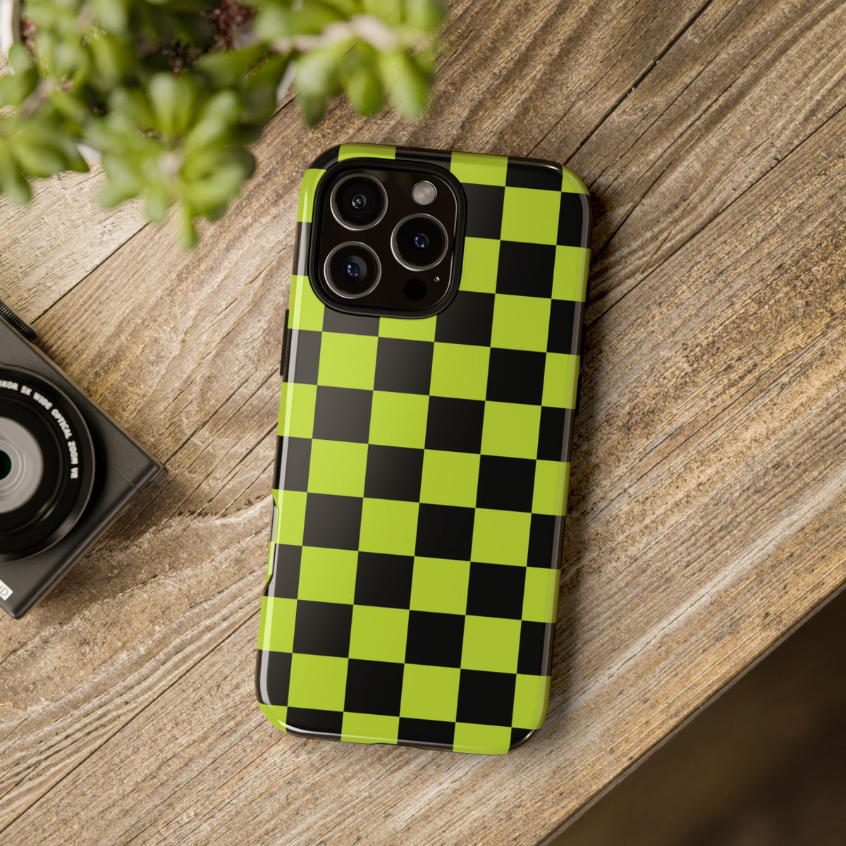 Trendy Neon Lime Green & Black Checked Pattern Phone Case - Green Phone Case