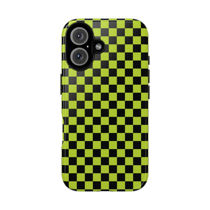 iPhone 16 / Glossy Phone Case - Trendy Neon Lime Green & Plum Small Checked Pattern Phone Case