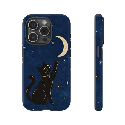 Whimsical Navy Blue Celestial Black Cat Phone Case