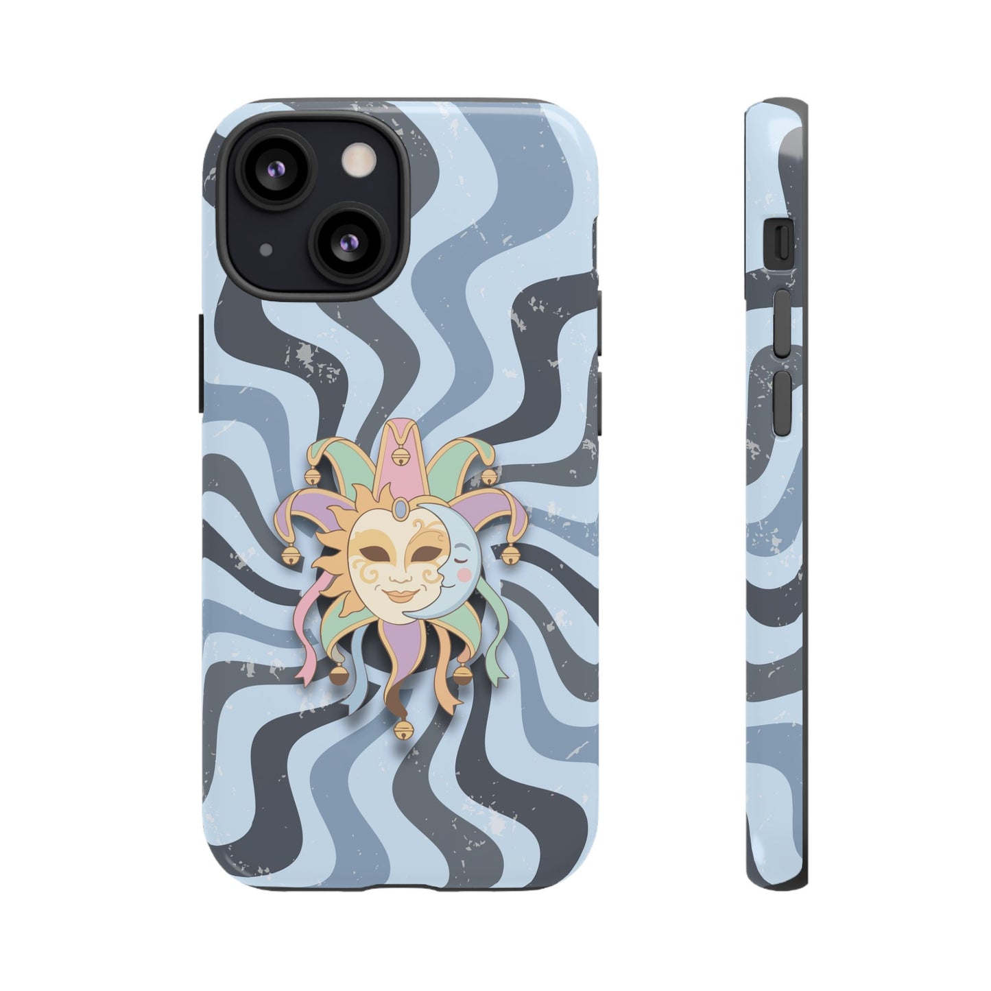 iPhone 13 Mini / Glossy Phone Case - Sun & Moon Jester Mask – Blue Retro Wave Phone Case