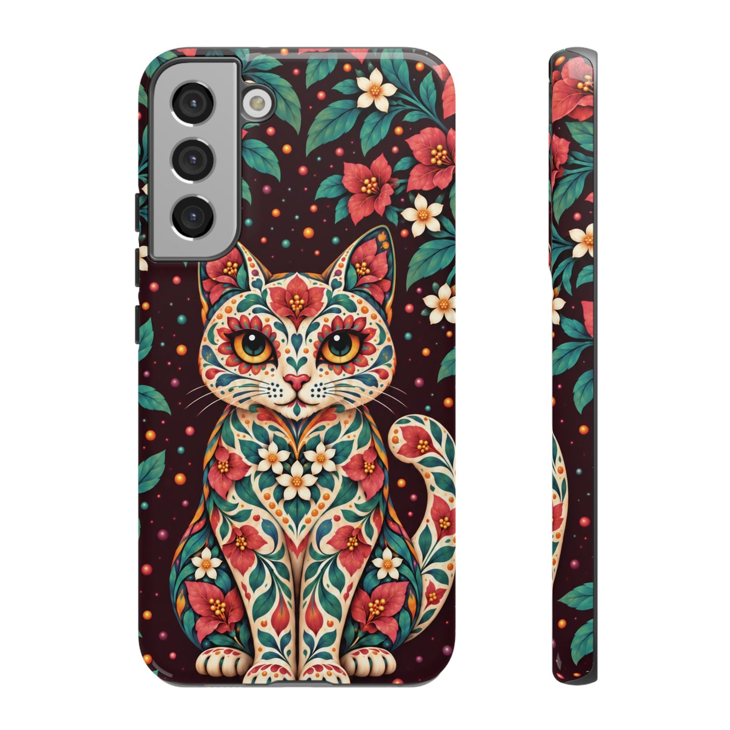 Vibrant Terracotta and Teal Calavera Cat Phone Case - Multicolor Phone Case - Samsung Galaxy S22 Plus / Glossy