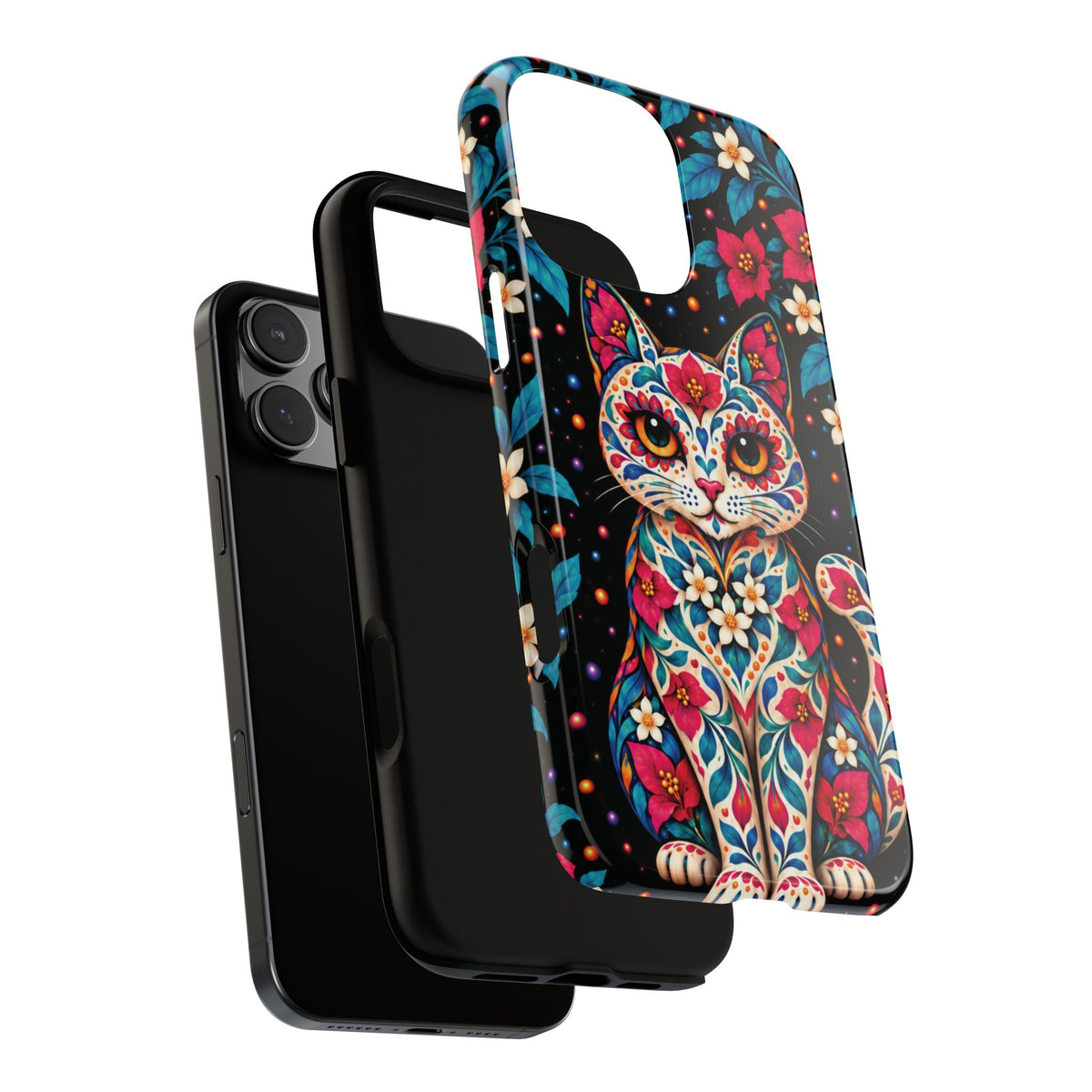 Vibrant Pink and Turquoise Calavera Cat Phone Case - Multicolor Phone Case