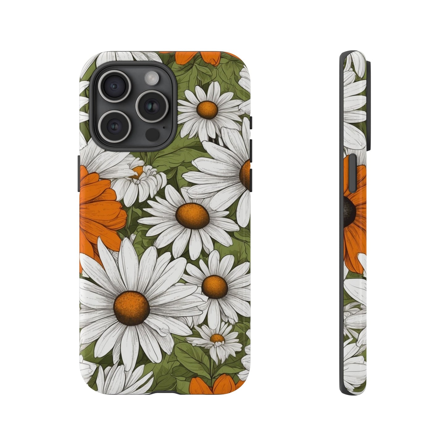 iPhone 15 Pro Max / Glossy Phone Case - Boho Chic Daisies Floral Pattern ’White Orange & Green’ Phone Case
