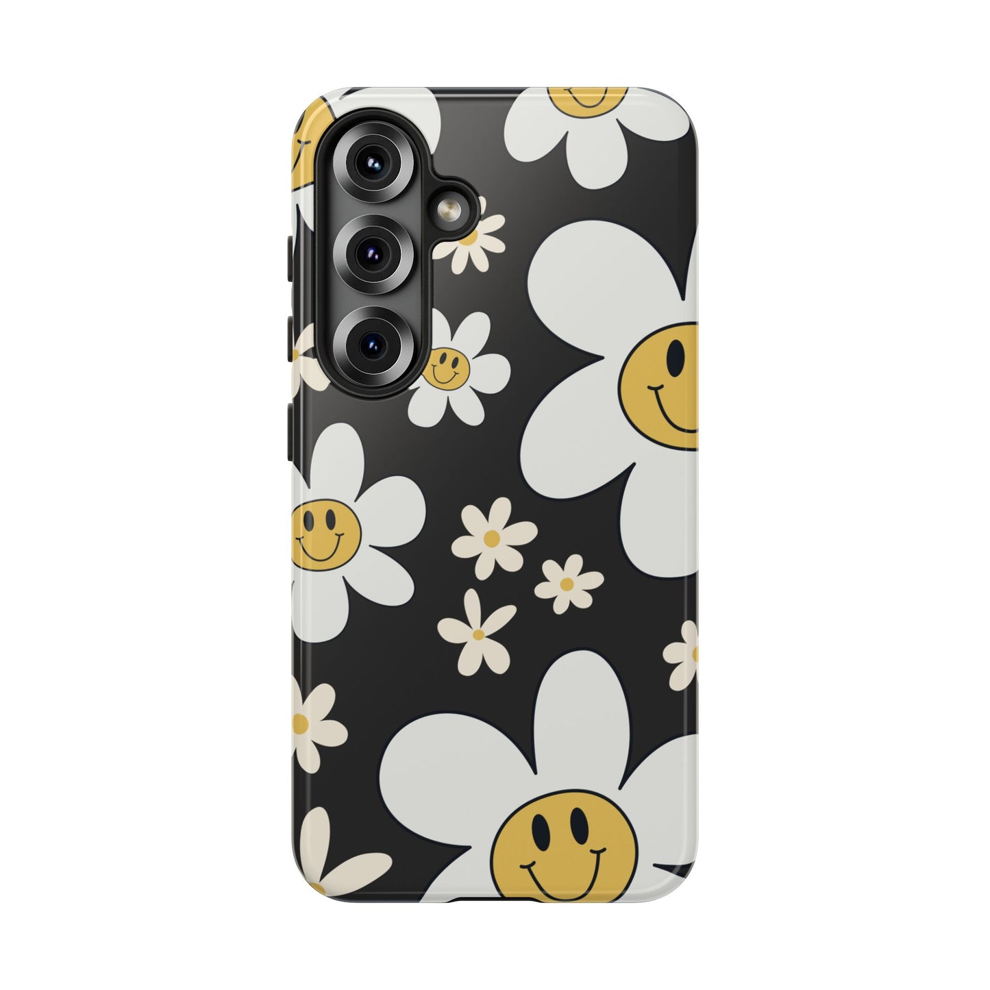 Samsung Galaxy S25 / Glossy Phone Case - Fun Retro Daisy Pattern with Dark Grey Background Phone Case