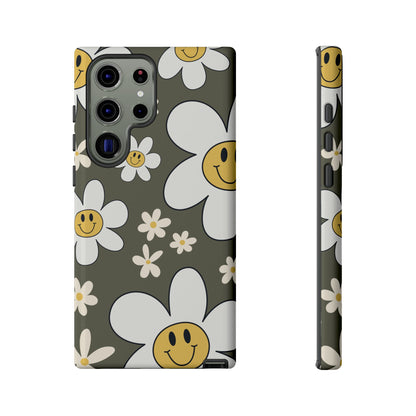 Samsung Galaxy S23 Ultra / Glossy Phone Case - Fun Retro Daisy Pattern with Olive Green Background Phone Case