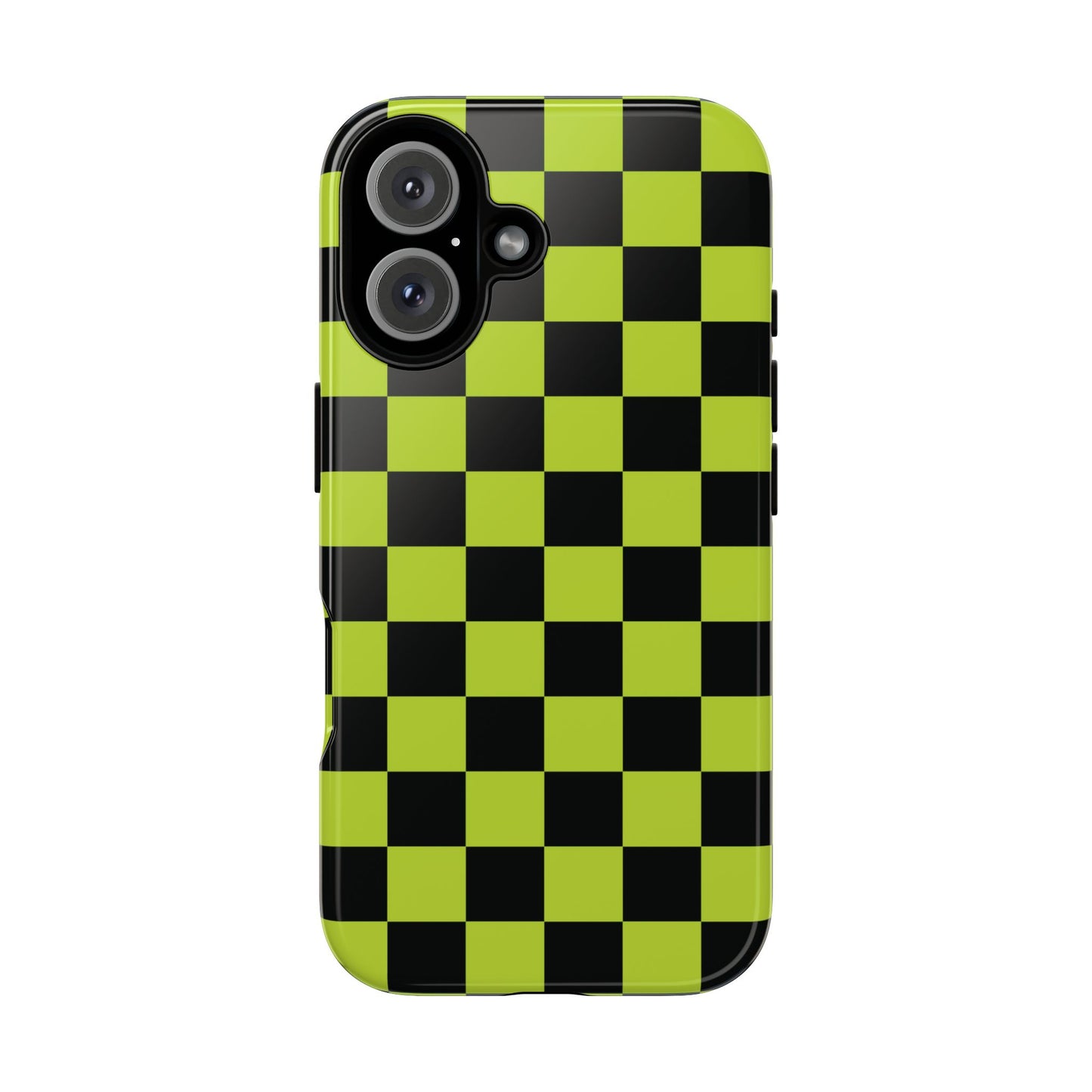 iPhone 16 / Glossy Phone Case - Trendy Neon Lime Green & Black Checked Pattern Phone Case