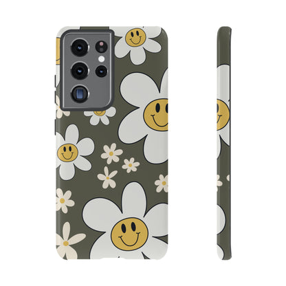 Samsung Galaxy S21 Ultra / Glossy Phone Case - Fun Retro Daisy Pattern with Olive Green Background Phone Case